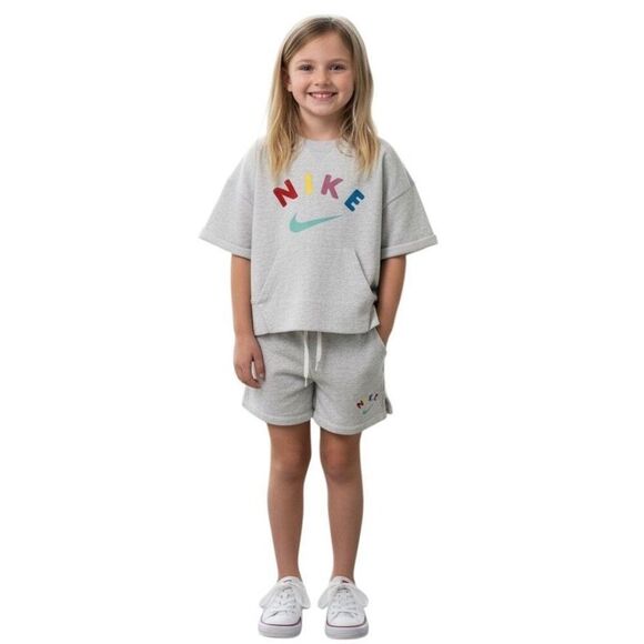 NIKE Girl’s Outfit Set Kids Medium Heather Gray Cropped Sweatshirt & Shorts 2 Pc - Picture 1 of 11
